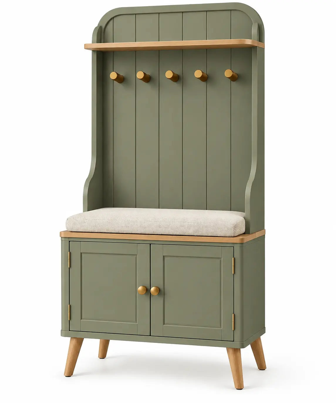 Mueble de recibidor con respaldo alto y respaldo y asiento, verde y marrón