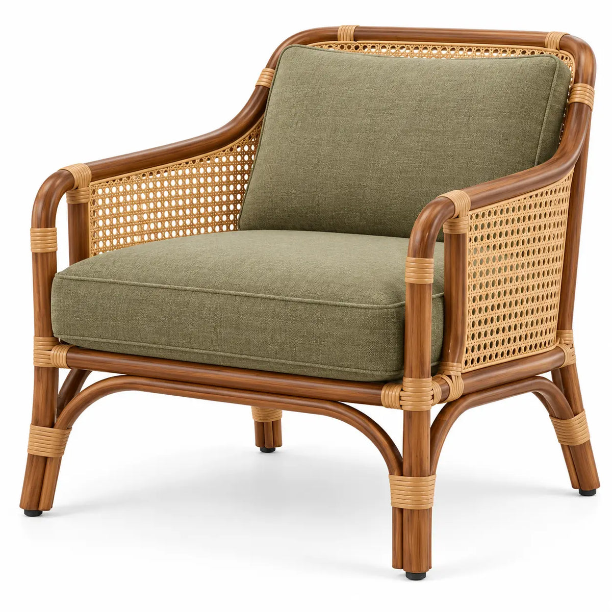 Sillón con estructura abierta con detalles de entramado, verde y marrón