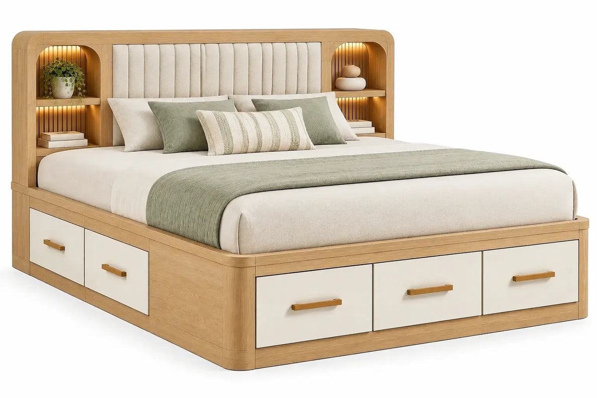 Estructura de cama con cabecero con cajones y estantes, marrón y blanco - cafegardenbench