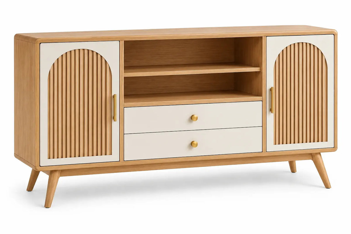 Mueble bajo para televisión con detalles de líneas verticales y estantes, marrón y blanco - cafegardenbench