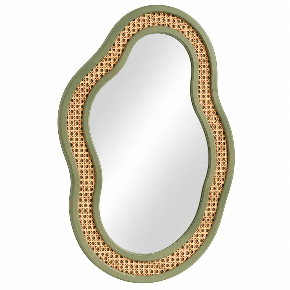 Espejo decorativo con marco de contorno redondeado, verde, marrón y plateado