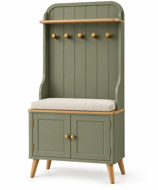 Mueble de recibidor con respaldo alto y respaldo y asiento, verde y marrón - cafegardenbench