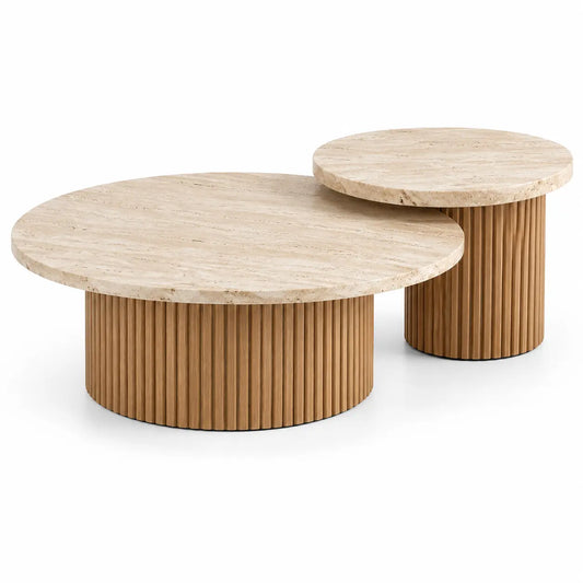 Mesa de centro de contorno redondeado, beige y marrón - cafegardenbench