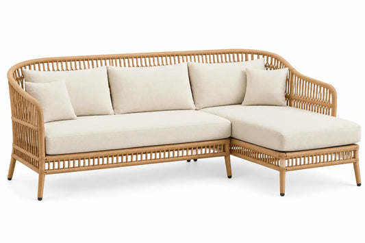 Sofá esquinero tapizado con detalles de entramado, beige y marrón - cafegardenbench
