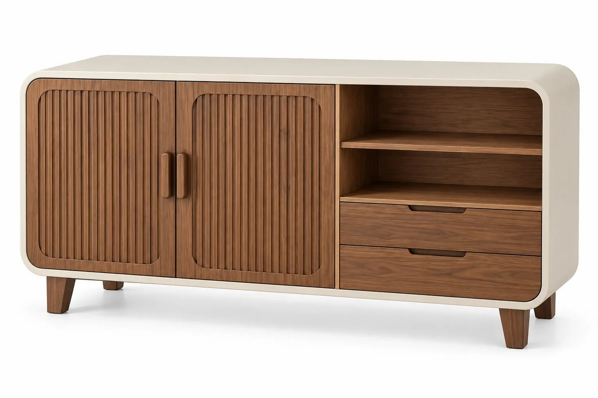 Mueble bajo para televisión con detalles de líneas verticales y estantes, marrón