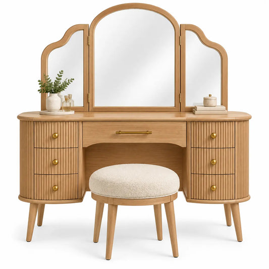 Tocador con espejo de tres secciones, marrón y beige - cafegardenbench